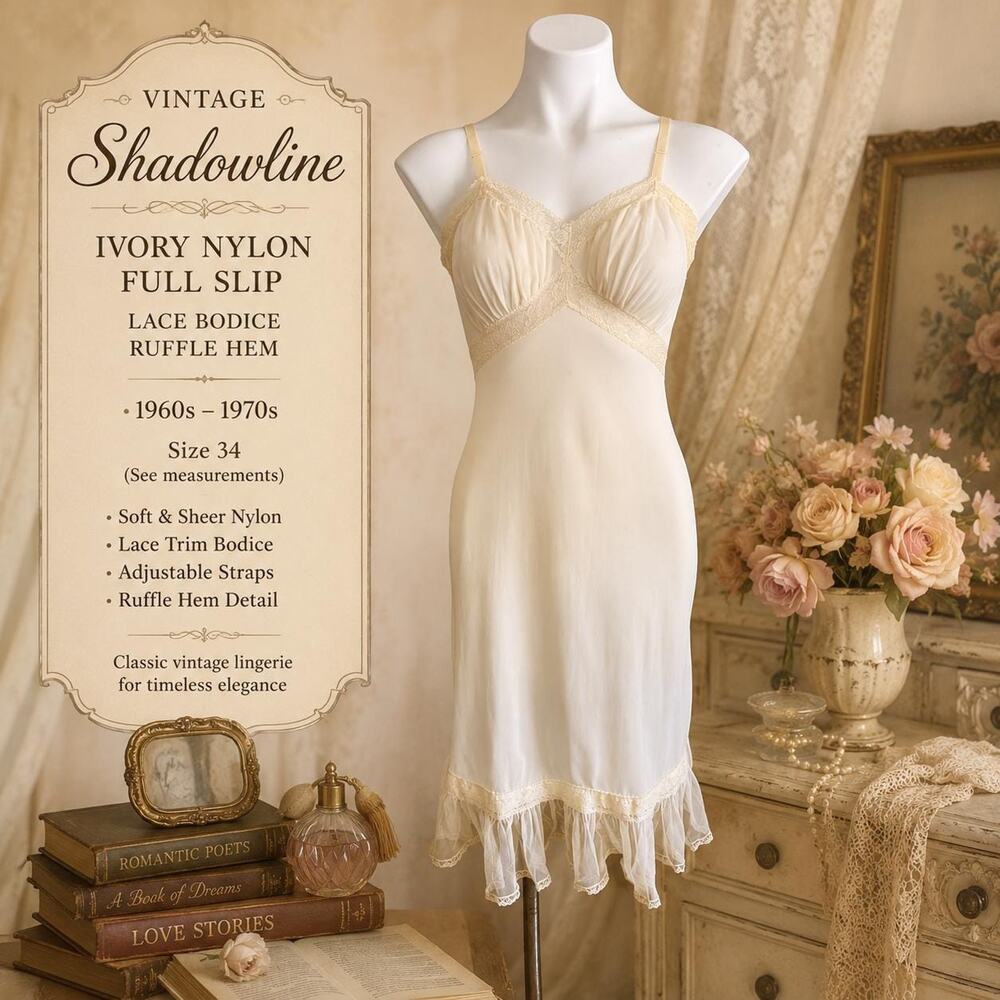 Vintage 1950’s Shadowline Ivory Nylon Full Slip Lace Bodice Ruffle Hem Sz 32